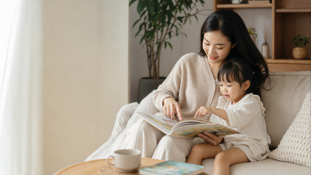 Ba mẹ và bé cùng đọc sách trong một khoảnh khắc gần gũi, nhẹ nhàng