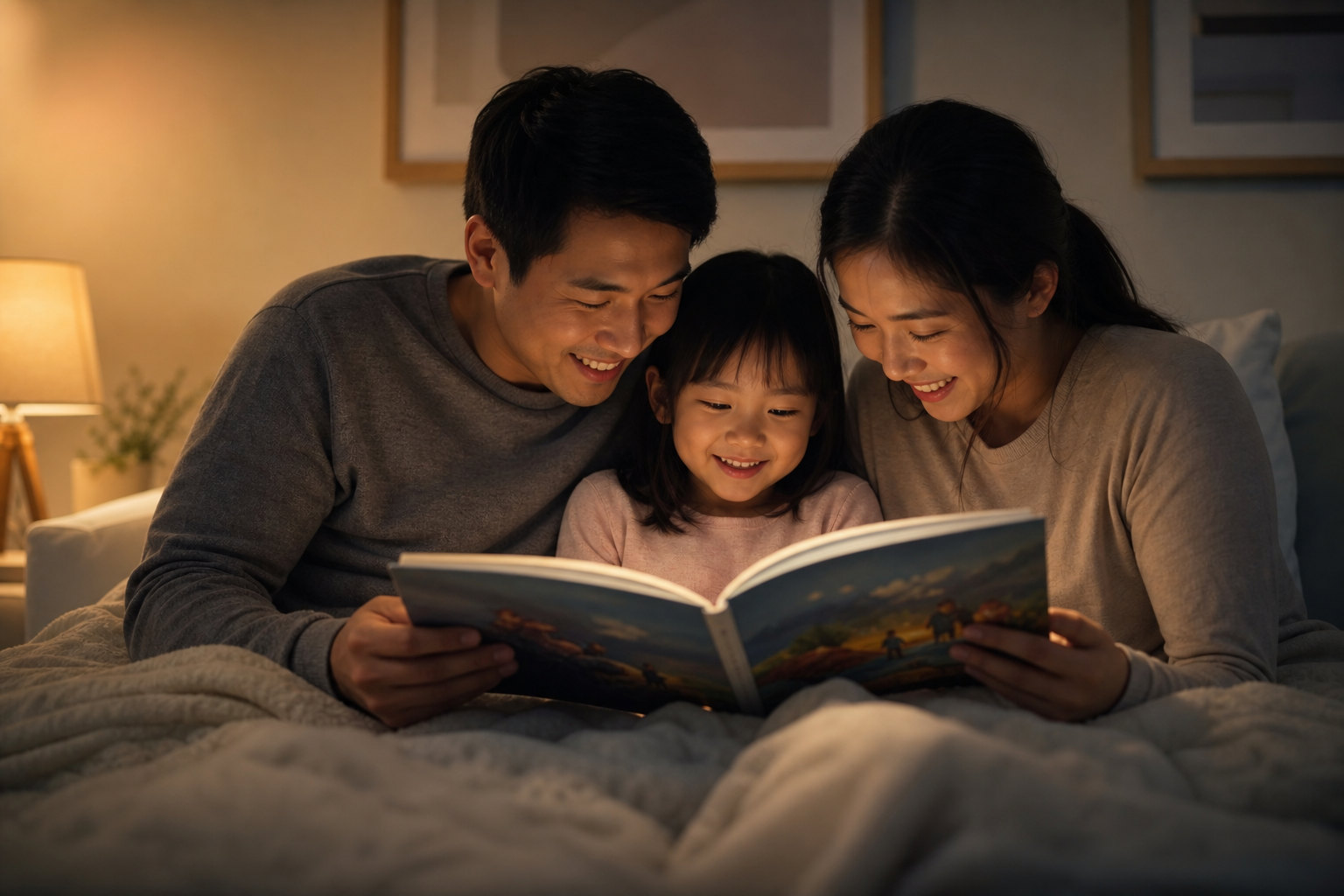 Khoảnh khắc ba mẹ và con cùng nhau đọc cuốn sách truyện cá nhân hóa có ảnh bé trước giờ đi ngủ